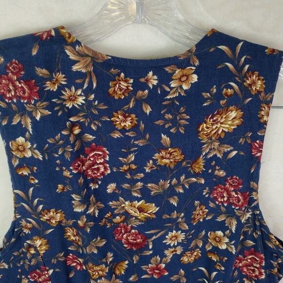 VTG 90's Capacity Jumper Dress Small Navy Blue Red Floral Midi Corduroy V Neck - Picture 7 of 9